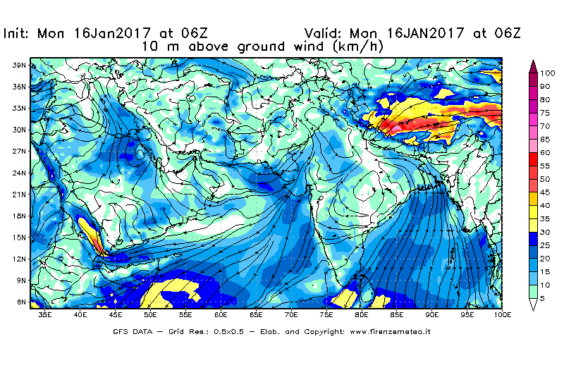 Mappa di analisi GFS - Velocità del vento a 10 metri dal suolo [km/h] in Asia Sud-Occidentale
							del 16/01/2017 06 <!--googleoff: index-->UTC<!--googleon: index-->
