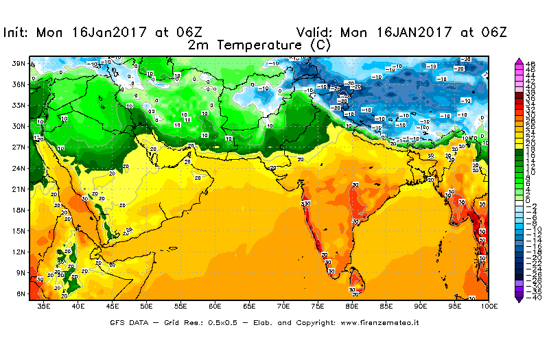 Mappa di analisi GFS - Temperatura a 2 metri dal suolo [°C] in Asia Sud-Occidentale
							del 16/01/2017 06 <!--googleoff: index-->UTC<!--googleon: index-->
