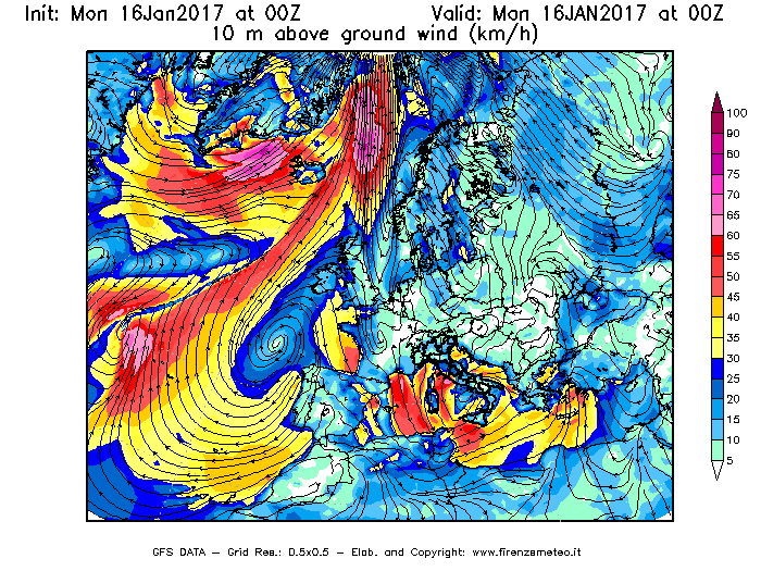 Mappa di analisi GFS - Velocità del vento a 10 metri dal suolo [km/h] in Europa
							del 16/01/2017 00 <!--googleoff: index-->UTC<!--googleon: index-->