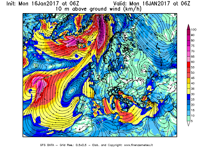 Mappa di analisi GFS - Velocità del vento a 10 metri dal suolo [km/h] in Europa
							del 16/01/2017 06 <!--googleoff: index-->UTC<!--googleon: index-->