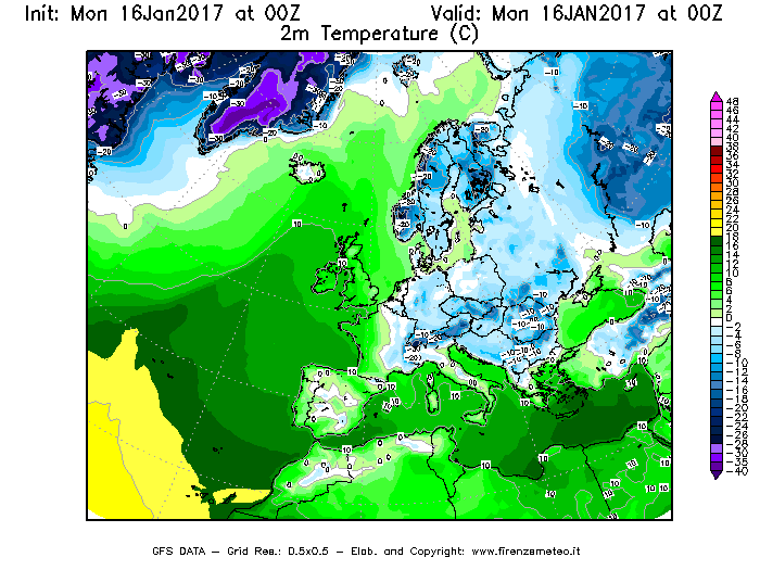 Mappa di analisi GFS - Temperatura a 2 metri dal suolo [°C] in Europa
							del 16/01/2017 00 <!--googleoff: index-->UTC<!--googleon: index-->