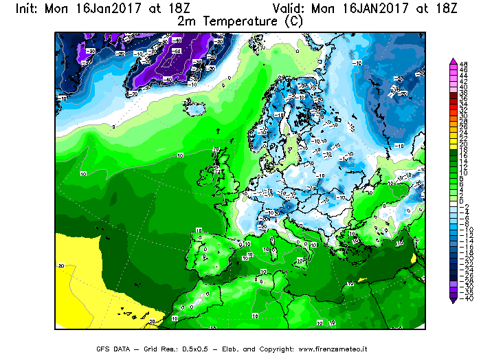 Mappa di analisi GFS - Temperatura a 2 metri dal suolo [°C] in Europa
							del 16/01/2017 18 <!--googleoff: index-->UTC<!--googleon: index-->
