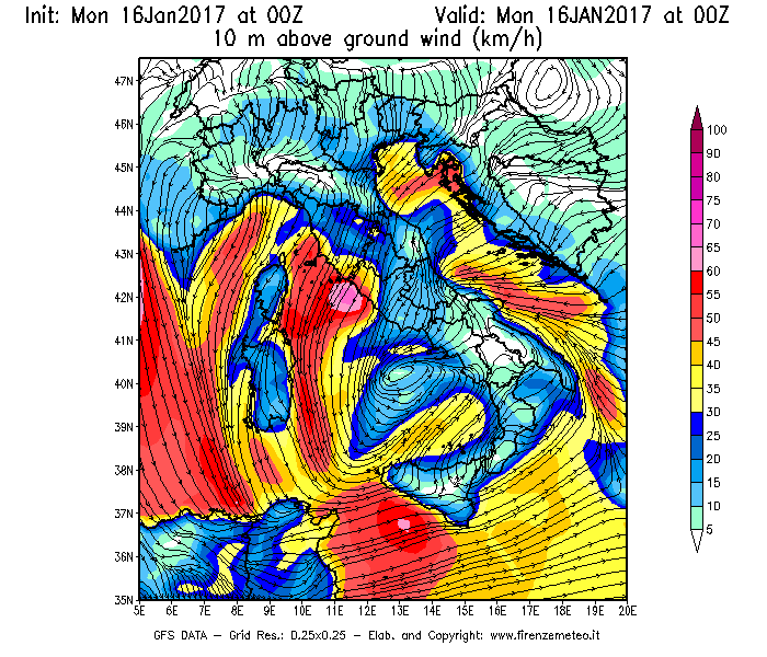 Mappa di analisi GFS - Velocità del vento a 10 metri dal suolo [km/h] in Italia
							del 16/01/2017 00 <!--googleoff: index-->UTC<!--googleon: index-->