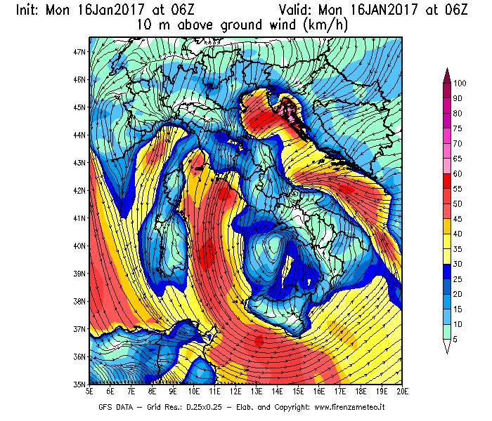 Mappa di analisi GFS - Velocità del vento a 10 metri dal suolo [km/h] in Italia
							del 16/01/2017 06 <!--googleoff: index-->UTC<!--googleon: index-->