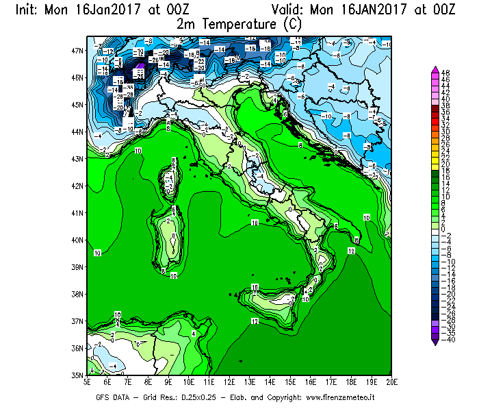 Mappa di analisi GFS - Temperatura a 2 metri dal suolo [°C] in Italia
							del 16/01/2017 00 <!--googleoff: index-->UTC<!--googleon: index-->