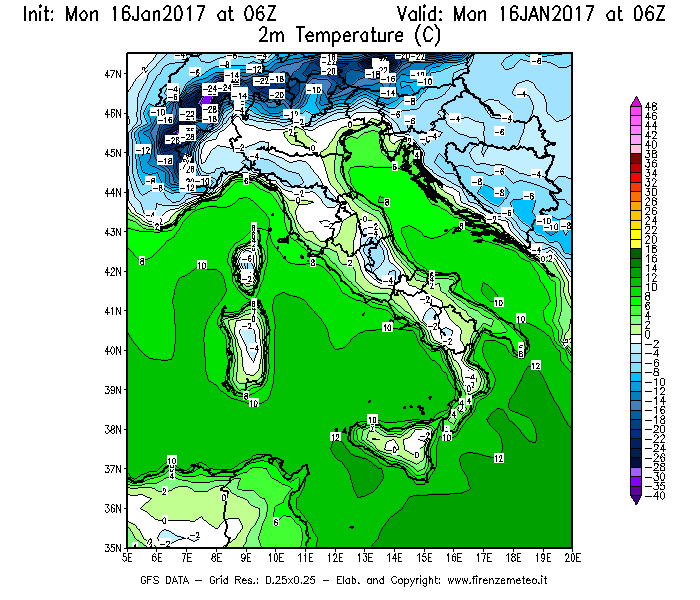 Mappa di analisi GFS - Temperatura a 2 metri dal suolo [°C] in Italia
							del 16/01/2017 06 <!--googleoff: index-->UTC<!--googleon: index-->
