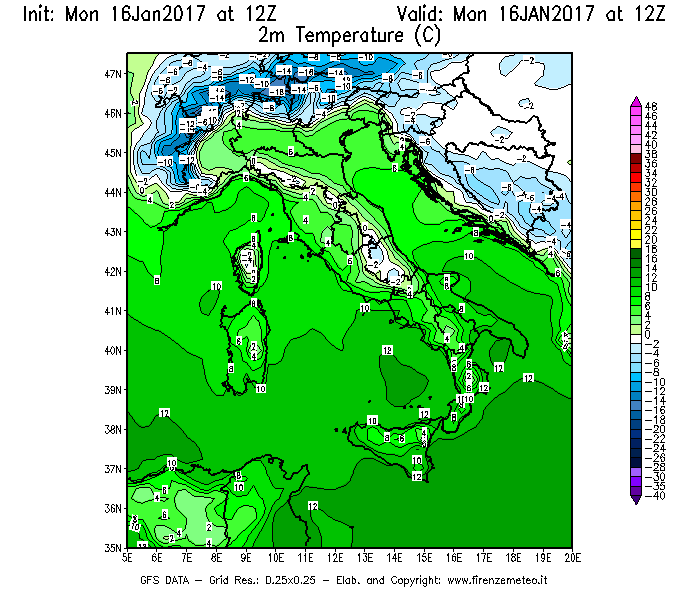 Mappa di analisi GFS - Temperatura a 2 metri dal suolo [°C] in Italia
							del 16/01/2017 12 <!--googleoff: index-->UTC<!--googleon: index-->