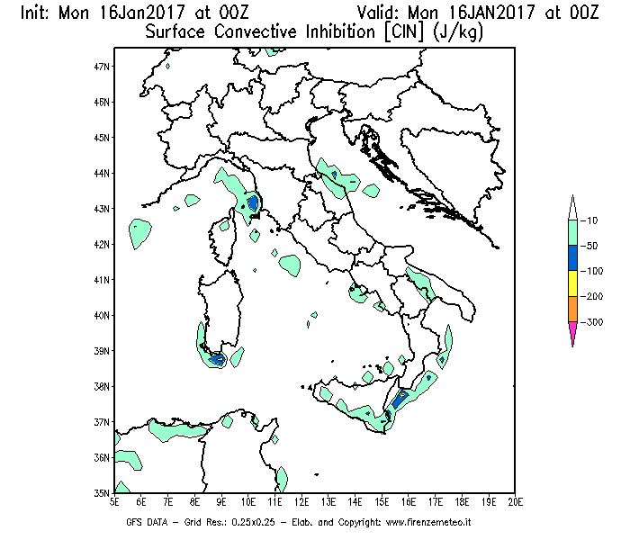 Mappa di analisi GFS - CIN [J/kg] in Italia
							del 16/01/2017 00 <!--googleoff: index-->UTC<!--googleon: index-->
