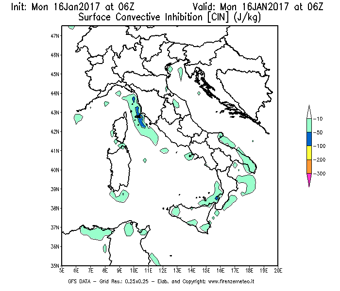 Mappa di analisi GFS - CIN [J/kg] in Italia
							del 16/01/2017 06 <!--googleoff: index-->UTC<!--googleon: index-->