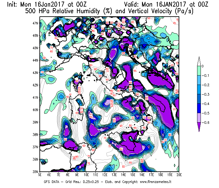 Mappa di analisi GFS - Umidità relativa [%] e Omega [Pa/s] a 500 hPa in Italia
							del 16/01/2017 00 <!--googleoff: index-->UTC<!--googleon: index-->