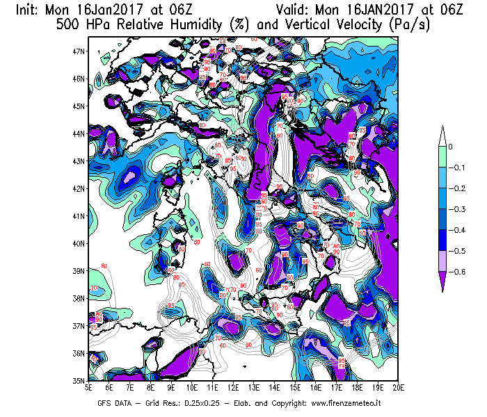 Mappa di analisi GFS - Umidità relativa [%] e Omega [Pa/s] a 500 hPa in Italia
							del 16/01/2017 06 <!--googleoff: index-->UTC<!--googleon: index-->