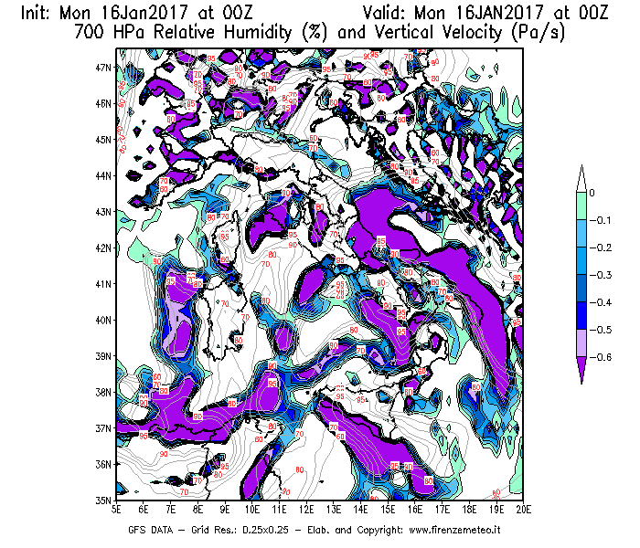 Mappa di analisi GFS - Umidità relativa [%] e Omega [Pa/s] a 700 hPa in Italia
							del 16/01/2017 00 <!--googleoff: index-->UTC<!--googleon: index-->