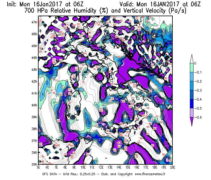 Mappa di analisi GFS - Umidità relativa [%] e Omega [Pa/s] a 700 hPa in Italia
							del 16/01/2017 06 <!--googleoff: index-->UTC<!--googleon: index-->