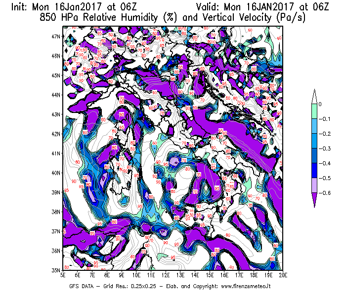 Mappa di analisi GFS - Umidità relativa [%] e Omega [Pa/s] a 850 hPa in Italia
							del 16/01/2017 06 <!--googleoff: index-->UTC<!--googleon: index-->