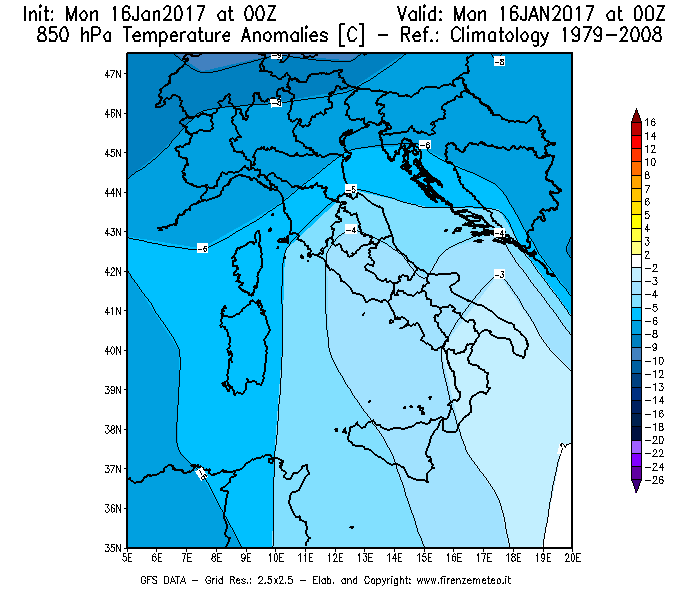 Mappa di analisi GFS - Anomalia Temperatura [°C] a 850 hPa in Italia
							del 16/01/2017 00 <!--googleoff: index-->UTC<!--googleon: index-->