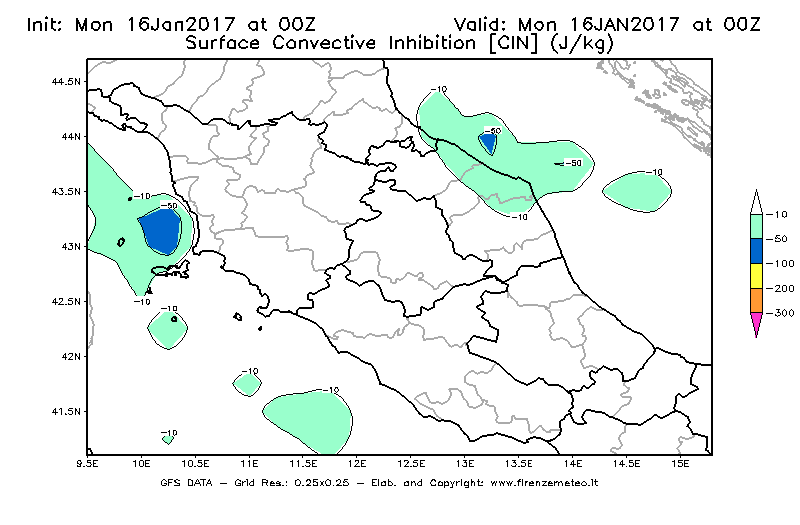 Mappa di analisi GFS - CIN [J/kg] in Centro-Italia
							del 16/01/2017 00 <!--googleoff: index-->UTC<!--googleon: index-->
