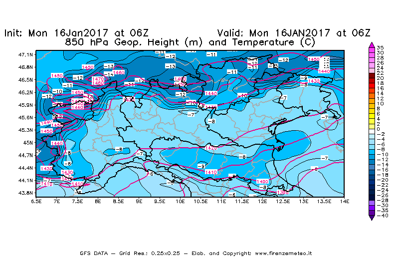 Mappa di analisi GFS - Geopotenziale [m] e Temperatura [°C] a 850 hPa in Nord-Italia
							del 16/01/2017 06 <!--googleoff: index-->UTC<!--googleon: index-->