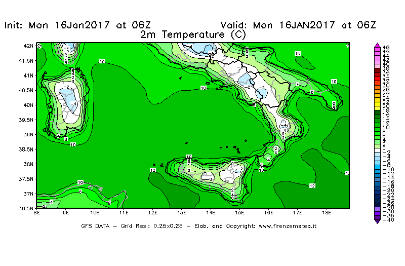 Mappa di analisi GFS - Temperatura a 2 metri dal suolo [°C] in Sud-Italia
							del 16/01/2017 06 <!--googleoff: index-->UTC<!--googleon: index-->