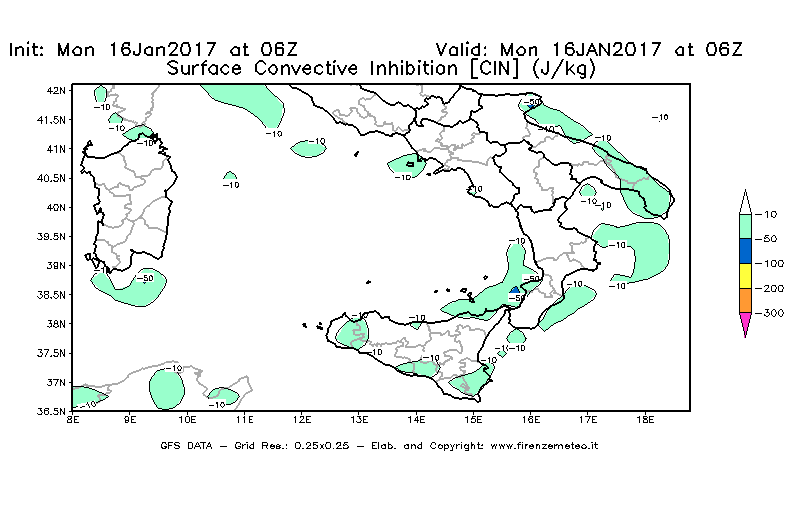 Mappa di analisi GFS - CIN [J/kg] in Sud-Italia
							del 16/01/2017 06 <!--googleoff: index-->UTC<!--googleon: index-->