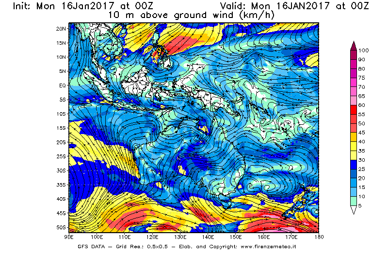 Mappa di analisi GFS - Velocità del vento a 10 metri dal suolo [km/h] in Oceania
							del 16/01/2017 00 <!--googleoff: index-->UTC<!--googleon: index-->