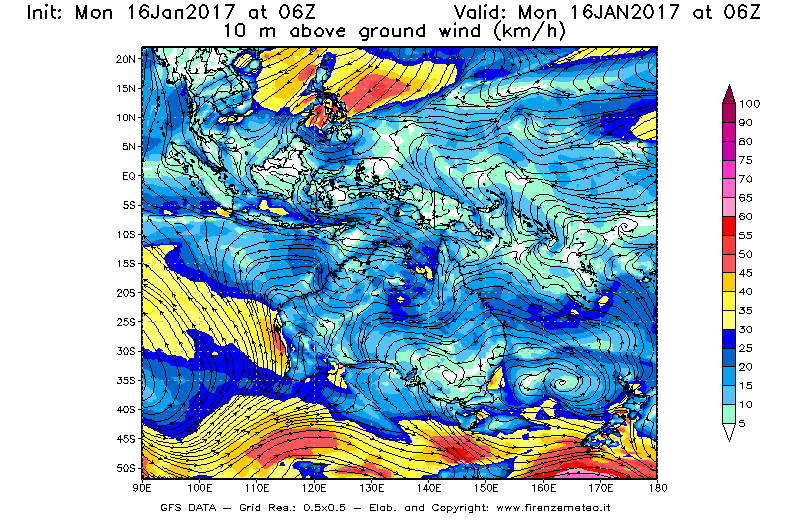Mappa di analisi GFS - Velocità del vento a 10 metri dal suolo [km/h] in Oceania
							del 16/01/2017 06 <!--googleoff: index-->UTC<!--googleon: index-->