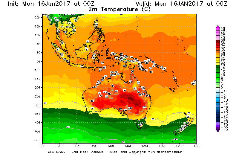 Mappa di analisi GFS - Temperatura a 2 metri dal suolo [°C] in Oceania
							del 16/01/2017 00 <!--googleoff: index-->UTC<!--googleon: index-->
