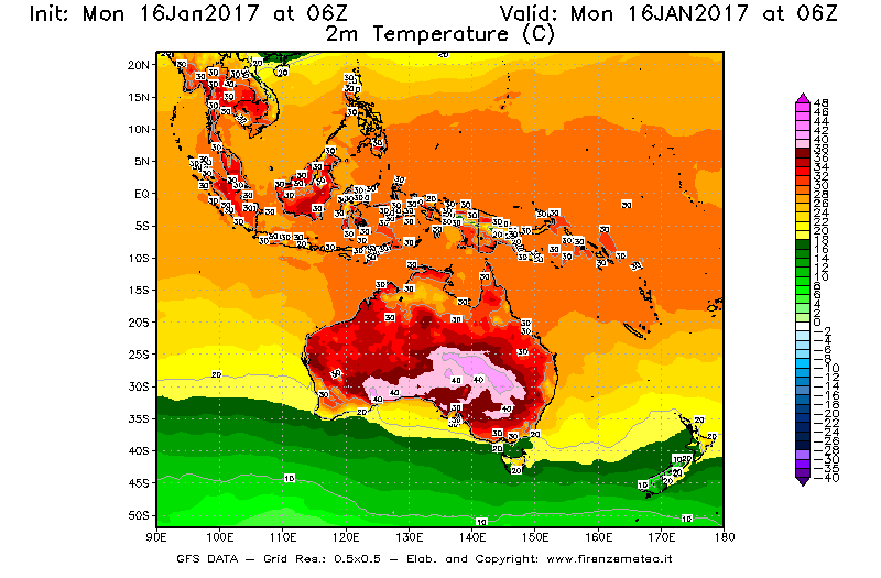 Mappa di analisi GFS - Temperatura a 2 metri dal suolo [°C] in Oceania
							del 16/01/2017 06 <!--googleoff: index-->UTC<!--googleon: index-->