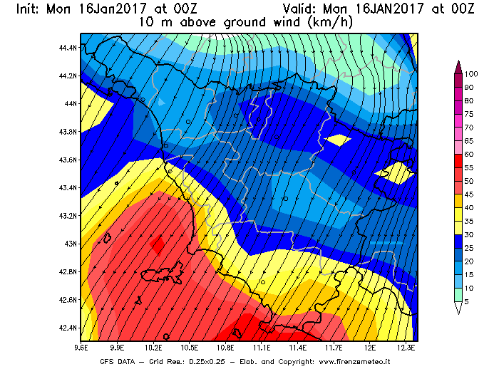 Mappa di analisi GFS - Velocità del vento a 10 metri dal suolo [km/h] in Toscana
							del 16/01/2017 00 <!--googleoff: index-->UTC<!--googleon: index-->
