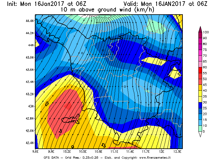 Mappa di analisi GFS - Velocità del vento a 10 metri dal suolo [km/h] in Toscana
							del 16/01/2017 06 <!--googleoff: index-->UTC<!--googleon: index-->
