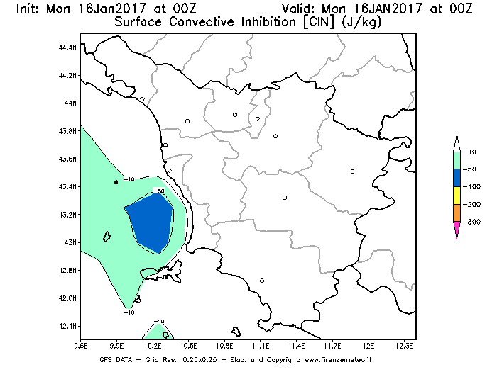 Mappa di analisi GFS - CIN [J/kg] in Toscana
							del 16/01/2017 00 <!--googleoff: index-->UTC<!--googleon: index-->
