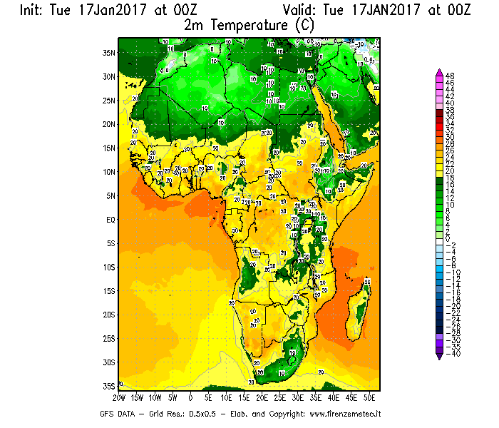 Mappa di analisi GFS - Temperatura a 2 metri dal suolo [°C] in Africa
							del 17/01/2017 00 <!--googleoff: index-->UTC<!--googleon: index-->