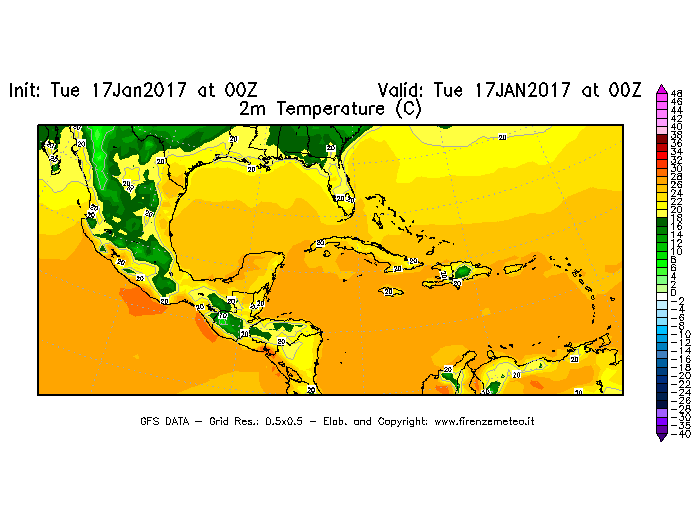 Mappa di analisi GFS - Temperatura a 2 metri dal suolo [°C] in Centro-America
							del 17/01/2017 00 <!--googleoff: index-->UTC<!--googleon: index-->