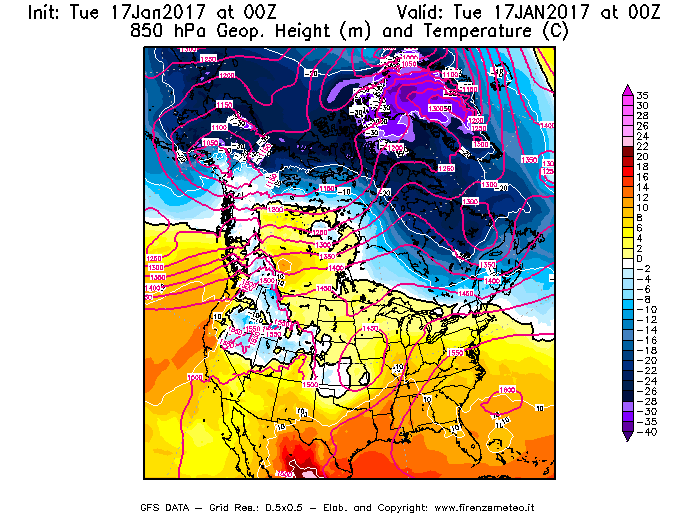 Mappa di analisi GFS - Geopotenziale [m] e Temperatura [°C] a 850 hPa in Nord-America
							del 17/01/2017 00 <!--googleoff: index-->UTC<!--googleon: index-->
