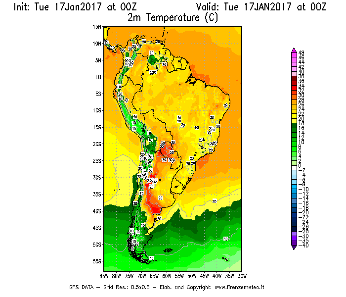 Mappa di analisi GFS - Temperatura a 2 metri dal suolo [°C] in Sud-America
							del 17/01/2017 00 <!--googleoff: index-->UTC<!--googleon: index-->