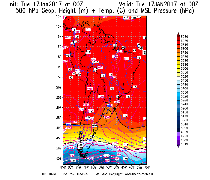 Mappa di analisi GFS - Geopotenziale [m] + Temp. [°C] a 500 hPa + Press. a livello del mare [hPa] in Sud-America
							del 17/01/2017 00 <!--googleoff: index-->UTC<!--googleon: index-->