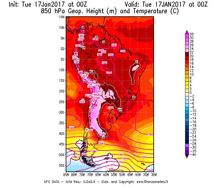 Mappa di analisi GFS - Geopotenziale [m] e Temperatura [°C] a 850 hPa in Sud-America
							del 17/01/2017 00 <!--googleoff: index-->UTC<!--googleon: index-->