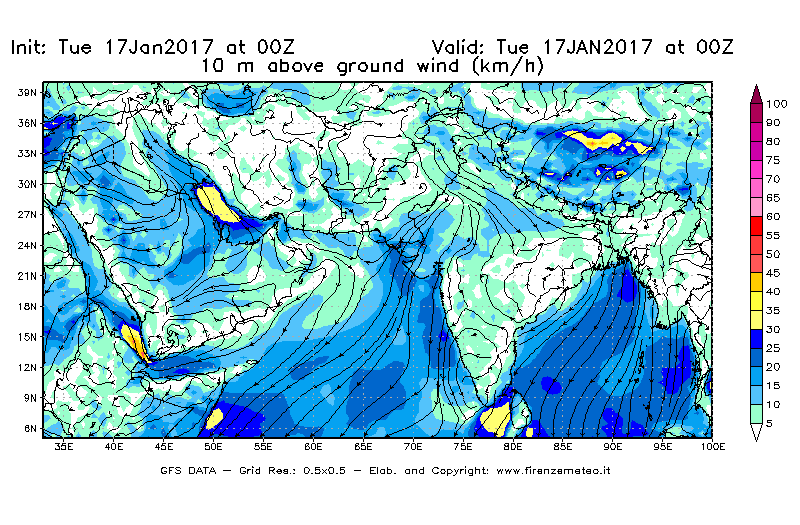 Mappa di analisi GFS - Velocità del vento a 10 metri dal suolo [km/h] in Asia Sud-Occidentale
							del 17/01/2017 00 <!--googleoff: index-->UTC<!--googleon: index-->