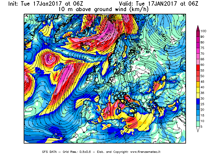 Mappa di analisi GFS - Velocità del vento a 10 metri dal suolo [km/h] in Europa
							del 17/01/2017 06 <!--googleoff: index-->UTC<!--googleon: index-->