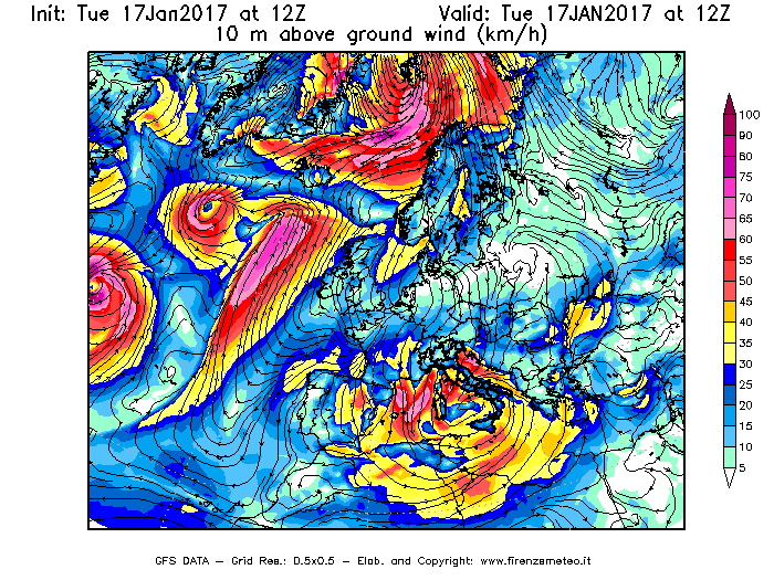 Mappa di analisi GFS - Velocità del vento a 10 metri dal suolo [km/h] in Europa
							del 17/01/2017 12 <!--googleoff: index-->UTC<!--googleon: index-->