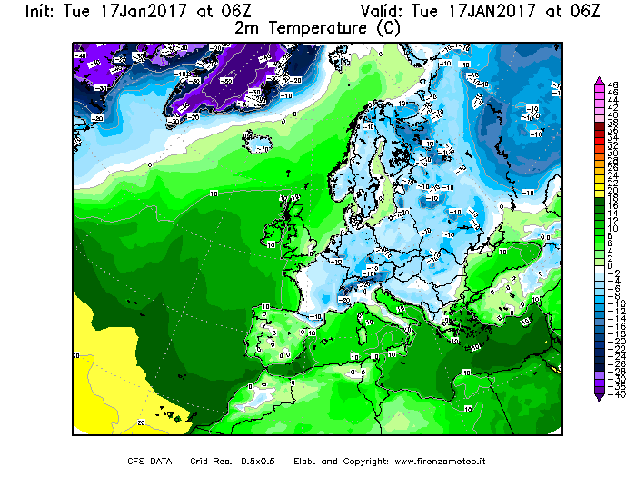Mappa di analisi GFS - Temperatura a 2 metri dal suolo [°C] in Europa
							del 17/01/2017 06 <!--googleoff: index-->UTC<!--googleon: index-->