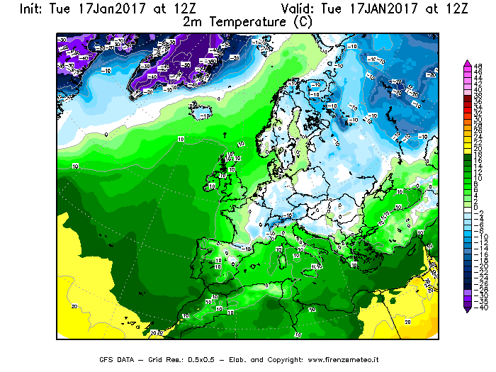 Mappa di analisi GFS - Temperatura a 2 metri dal suolo [°C] in Europa
							del 17/01/2017 12 <!--googleoff: index-->UTC<!--googleon: index-->