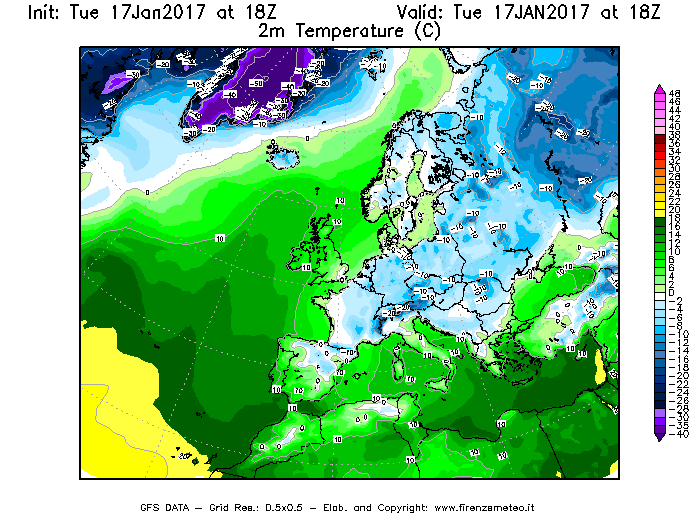 Mappa di analisi GFS - Temperatura a 2 metri dal suolo [°C] in Europa
							del 17/01/2017 18 <!--googleoff: index-->UTC<!--googleon: index-->