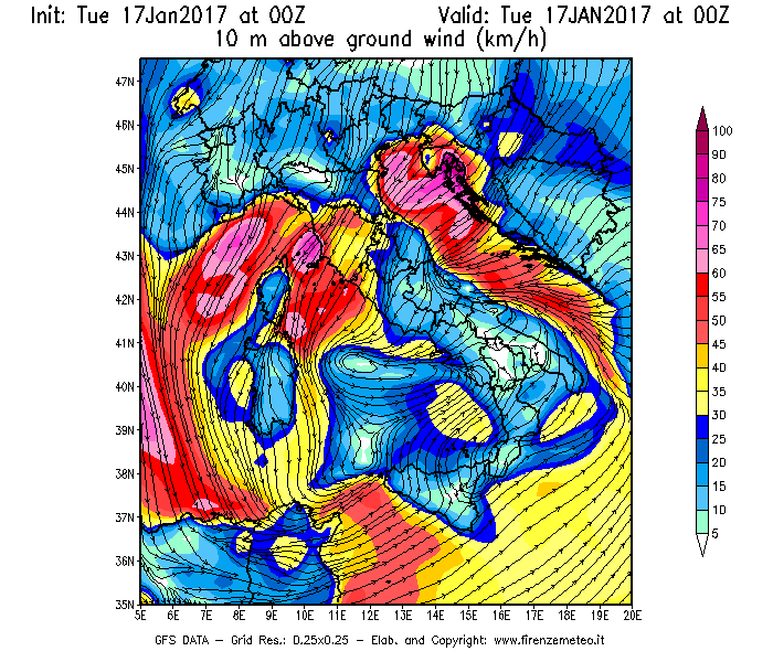 Mappa di analisi GFS - Velocità del vento a 10 metri dal suolo [km/h] in Italia
							del 17/01/2017 00 <!--googleoff: index-->UTC<!--googleon: index-->