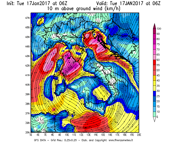 Mappa di analisi GFS - Velocità del vento a 10 metri dal suolo [km/h] in Italia
							del 17/01/2017 06 <!--googleoff: index-->UTC<!--googleon: index-->