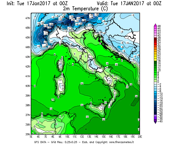 Mappa di analisi GFS - Temperatura a 2 metri dal suolo [°C] in Italia
							del 17/01/2017 00 <!--googleoff: index-->UTC<!--googleon: index-->