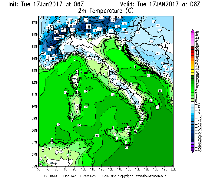Mappa di analisi GFS - Temperatura a 2 metri dal suolo [°C] in Italia
							del 17/01/2017 06 <!--googleoff: index-->UTC<!--googleon: index-->