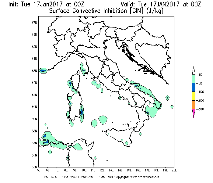 Mappa di analisi GFS - CIN [J/kg] in Italia
							del 17/01/2017 00 <!--googleoff: index-->UTC<!--googleon: index-->