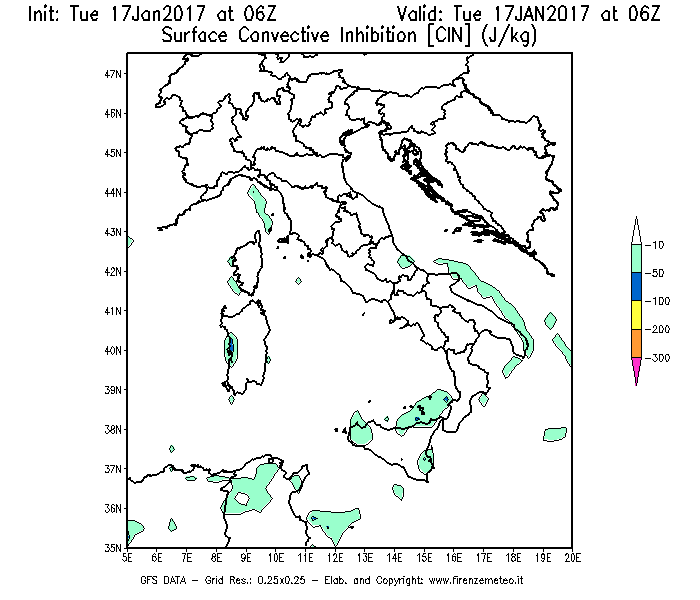 Mappa di analisi GFS - CIN [J/kg] in Italia
							del 17/01/2017 06 <!--googleoff: index-->UTC<!--googleon: index-->