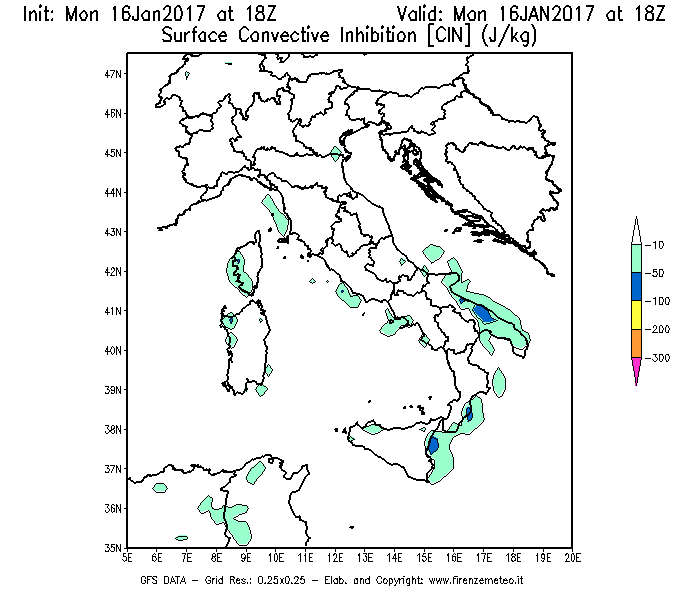 Mappa di analisi GFS - CIN [J/kg] in Italia
							del 17/01/2017 18 <!--googleoff: index-->UTC<!--googleon: index-->
