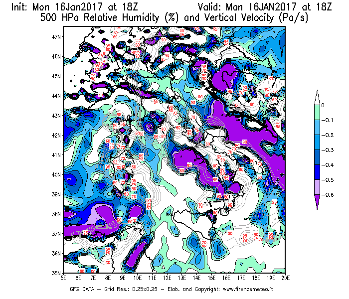 Mappa di analisi GFS - Umidità relativa [%] e Omega [Pa/s] a 500 hPa in Italia
							del 17/01/2017 18 <!--googleoff: index-->UTC<!--googleon: index-->